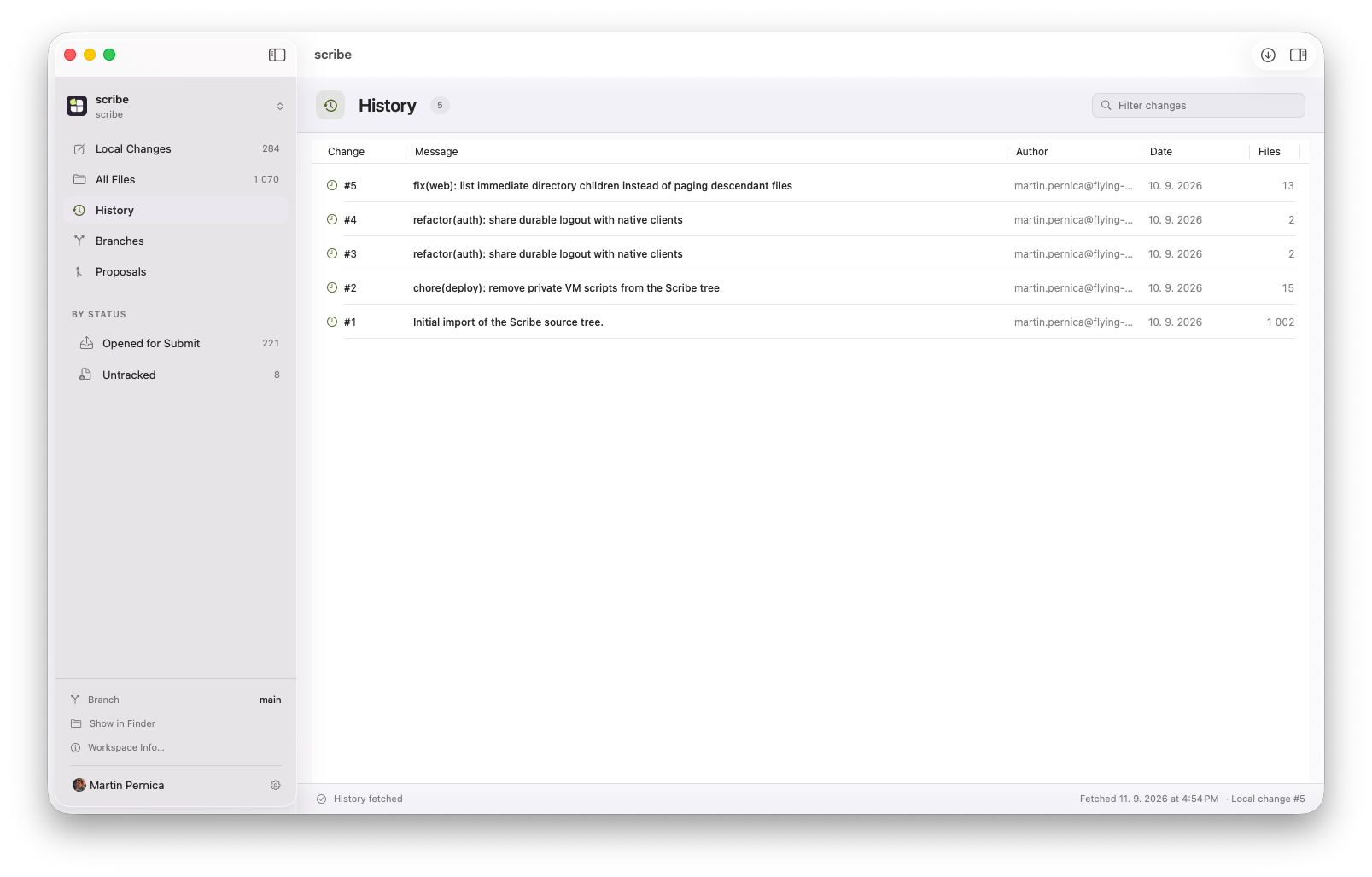 Scribe’s History view listing five submitted changes with their messages, authors, dates, and file counts.