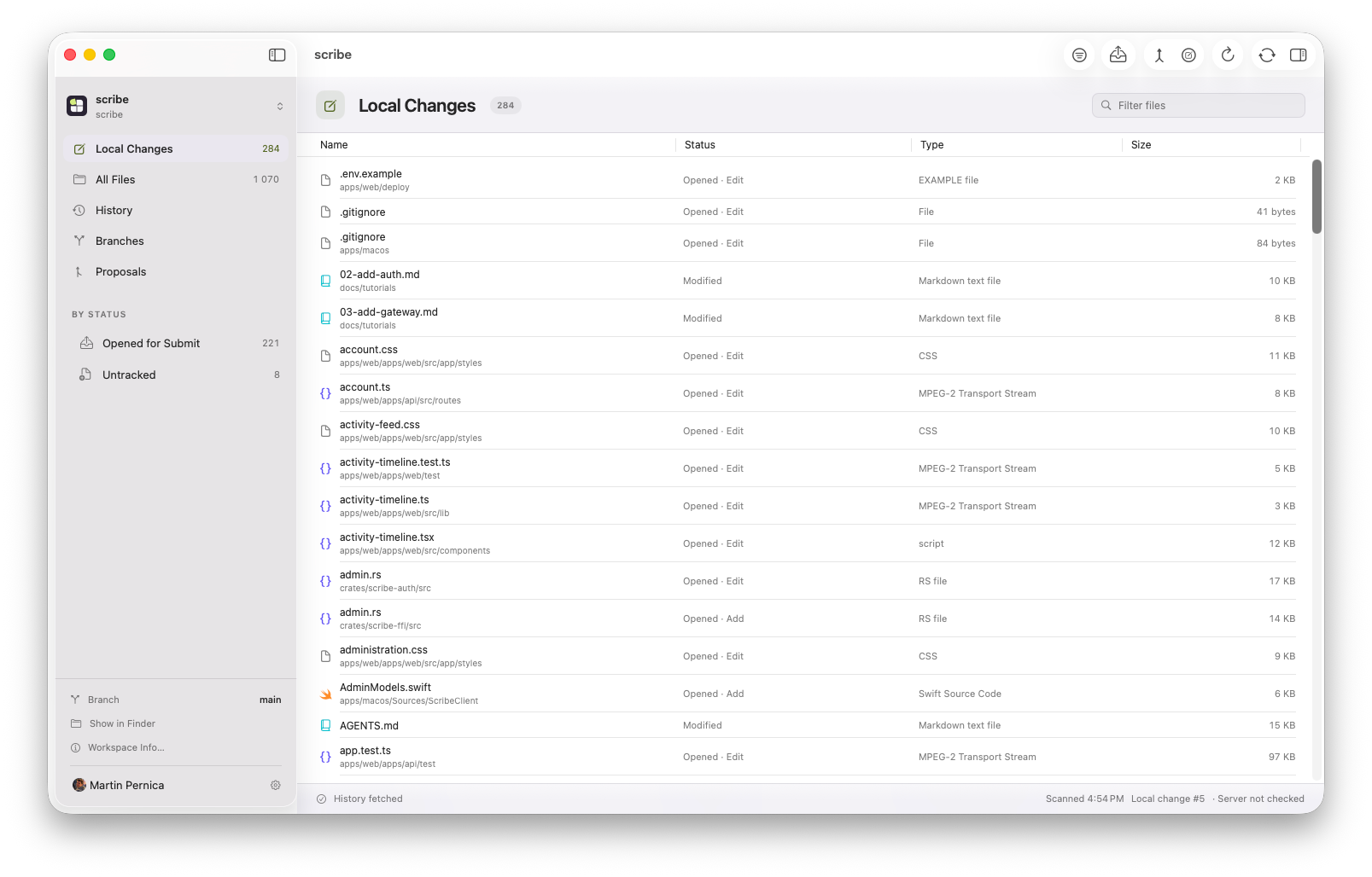 Scribe for macOS showing Local Changes with file names, statuses, types, and sizes beside the workspace sidebar.
