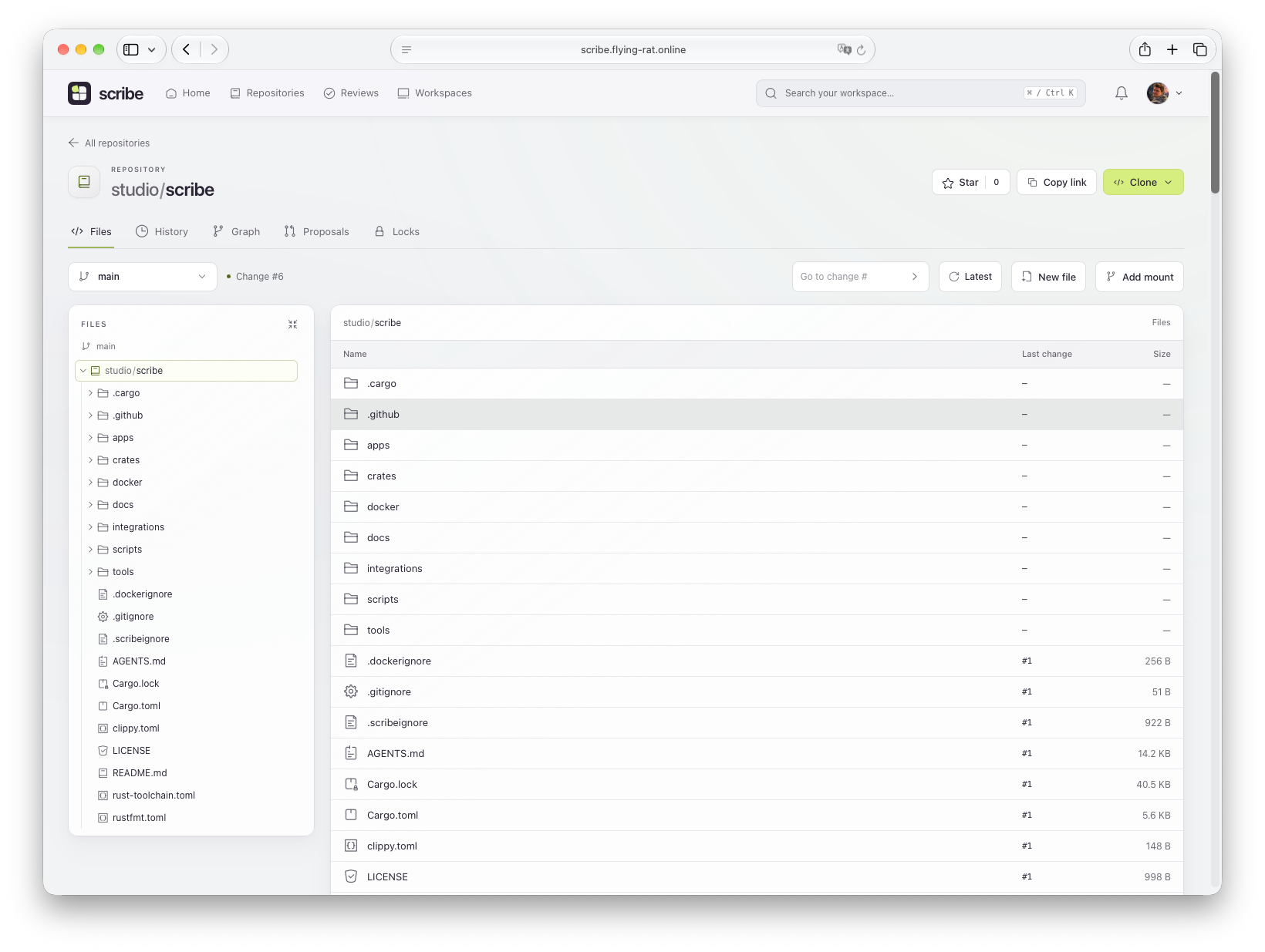 Scribe’s web repository browser showing the studio/scribe file tree and a directory listing with last change and size columns, with Star, Copy link, and Clone actions.