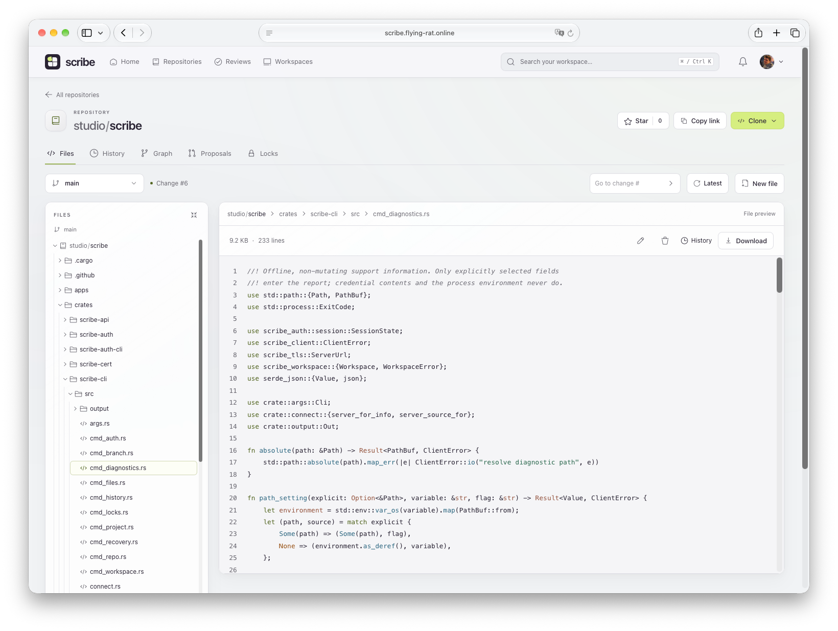 Scribe’s web file preview showing cmd_diagnostics.rs with syntax highlighting and line numbers, with edit, delete, history, and download actions.