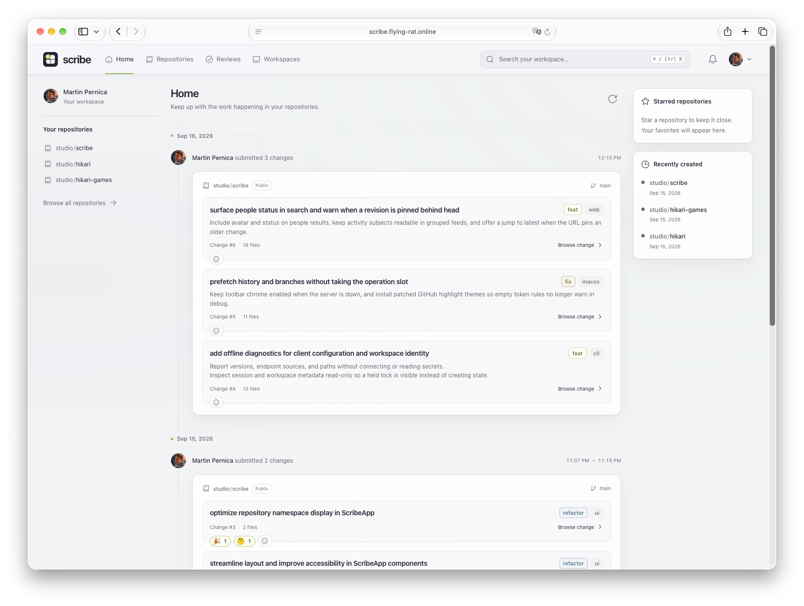 Scribe’s web Home page with an activity feed of submitted changes grouped by day, each with labels, file counts, and reactions, beside starred and recently created repositories.