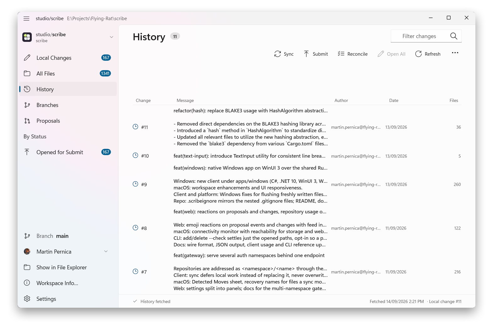 Scribe’s History view on Windows listing submitted changes with their messages, authors, dates, and file counts.